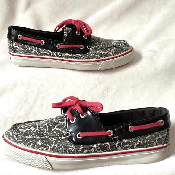 Black White Red Sperry Biscayne Sequined Loafer Lace Up Boat Shoes Size 8M - Picture 3 of 15